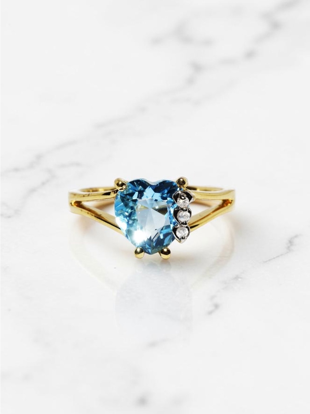 Gold Plated Solid 925 Sterling Silver Natural Blue Topaz Heart Diamond Ring 6.25